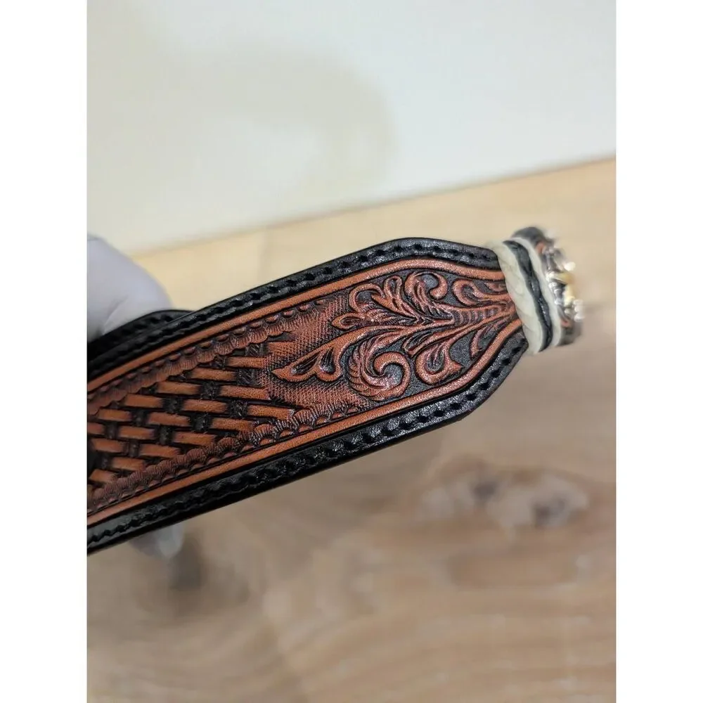 Silver Creek Tooled Leather Belt Western Sheriff Star Revolver Concho Sz 34